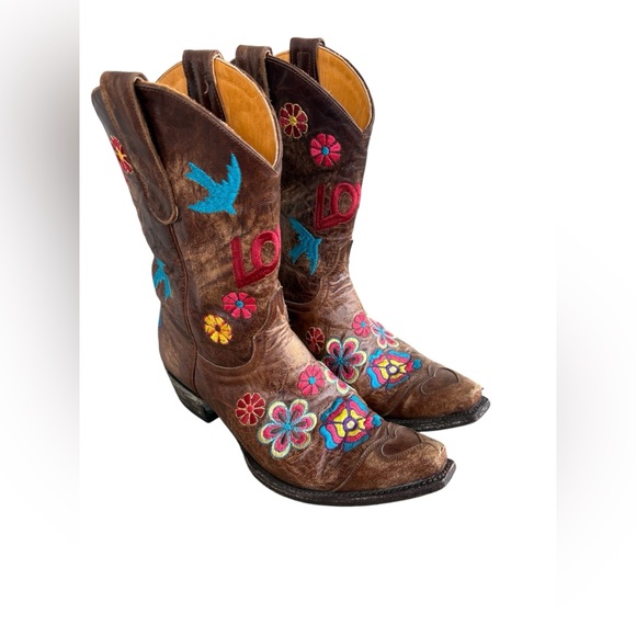 Old Gringo Embroidered love floral leather Brown western Cowboy Boots 8.5 - Picture 3 of 10
